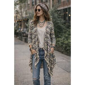Mossimo Cardigan Open Knit Sweater Womens Large Gray White Duster Boho Festival